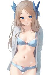 1girl aqua_jacket asakaze_(kancolle) blue_bra blue_eyes blue_panties blue_ribbon blush bra breasts breasts_apart brown_hair collarbone cowboy_shot crotch_seam eyelashes gluteal_fold groin hair_ornament hair_ribbon jacket kantai_collection long_hair long_sleeves messy_hair navel no_pants open_clothes open_jacket panties parted_bangs parted_lips ribbon sakiecho simple_background small_breasts solo standing thick_eyelashes thigh_gap underwear white_background