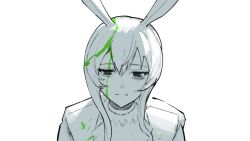1girl amiya_(arknights) animal_ears arknights bags_under_eyes close-up frown hair_between_eyes highres long_hair monochrome rabbit_ears simple_background solo split_mouth spot_color teasmacker upper_body white_background