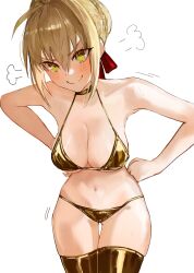 1girl absurdres ahoge bad_tag bare_shoulders bikini blonde_hair blush braid breasts choker cleavage fate/extra fate_(series) gluteal_fold gold_bikini gold_thighhighs green_eyes hair_bun hair_intakes hair_ribbon hands_on_own_hips highres large_breasts looking_at_viewer medium_hair navel nero_claudius_(fate) red_ribbon ribbon simple_background smile solo sweat swimsuit thigh_gap white_background yotsutsu428