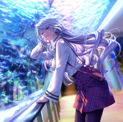 1girl aquarium bag black_pantyhose blush fish green_eyes grey_hair grin hair_between_eyes hand_in_own_hair handbag highres indoors itou_shizuka lips long_hair long_sleeves looking_at_viewer mole mole_under_eye non-web_source original pantyhose piromizu plaid_clothes plaid_skirt railing red_skirt shirt skirt smile solo standing teeth underwater very_long_hair white_shirt