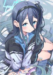 1girl absurdly_long_hair aqua_halo aris_(blue_archive) black_hair black_hairband black_skirt blue_archive blue_eyes blue_hair blue_necktie blush closed_mouth collared_shirt hair_between_eyes hair_spread_out hairband halo highres jacket kei_(robot)_(blue_archive) long_hair long_hair_between_eyes long_sleeves looking_at_viewer necktie on_floor one_side_up pleated_skirt rectangular_halo ringed_eyes shinshin_(ssnsn_oekaki) shirt sitting skirt smile solo very_long_hair white_jacket white_shirt