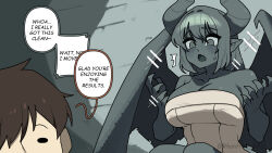 1boy 1girl :o artist_name black_eyes blush breasts brown_hair colored_sclera colored_skin commentary demon_girl demon_horns demon_wings english_commentary english_text gargoyle gomulgong grey_eyes grey_hair grey_horns grey_sclera grey_skin highres horns indoors large_breasts long_hair original solid_oval_eyes speech_bubble twitter_username wings