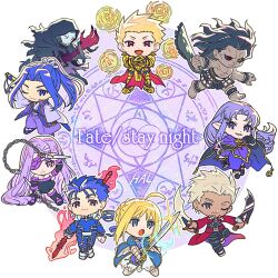 3girls 5boys archer_(fate) armor artoria_pendragon_(fate) blonde_hair blue_eyes chibi chibi_only crossed_arms cu_chulainn_(fate) cu_chulainn_(fate/stay_night) dual_wielding eyepatch fate/stay_night fate_(series) gilgamesh_(fate) gold_armor hal_(haaaalhal) hassan_of_the_cursed_arm_(fate) heracles_(fate) heterochromia holding holding_polearm holding_sword holding_weapon magic_circle medea_(fate) medusa_(fate) multiple_boys multiple_girls one_eye_closed open_mouth polearm purple_eyes purple_hair saber_(fate) sasaki_kojirou_(fate) sword weapon white_background
