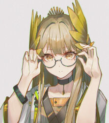 1girl adjusting_eyewear arknights black_choker brown_hair chinese_commentary choker chromatic_aberration closed_mouth commentary film_grain glasses grey-framed_eyewear grey_background grey_jacket hair_intakes highres infection_monitor_(arknights) jacket looking_at_viewer mole mole_under_eye muelsyse_(arknights) openvl semi-rimless_eyewear smile solo under-rim_eyewear upper_body watermark yellow_eyes
