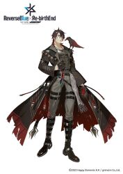 1boy abs animal animal_on_shoulder arm_at_side belt belt_boots belt_buckle bird bird_on_shoulder black_belt black_boots black_coat black_eyes black_gloves black_hair black_shirt boots buckle coat collarbone colored_inner_hair compression_shirt copyright_name copyright_notice crow dagger full_body gloves grey_pants grey_sash grin hair_between_eyes half_gloves highres holding holding_dagger holding_knife holding_weapon jewelry knee_boots knife lace-up_boots lapels long_sleeves looking_at_viewer multicolored_hair multiple_belts non-humanoid_robot notched_lapels official_art open_clothes open_coat pants pendant red_coat red_gloves red_hair reverse_grip reverseblue_x_re-birthend robot robot_animal scar scar_across_eye scar_on_face scar_on_hand semi_(p-poco) shirt short_hair simple_background sleeve_garter smile solo standing thigh_strap torn_clothes torn_coat two-sided_coat two-sided_fabric two-tone_gloves weapon white_background wolf_cut