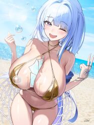 1girl absurdres alternate_costume arcana_(nikke) beach between_breasts bikini blue_hair blue_sky breasts bubble card card_between_breasts goddess_of_victory:_nikke gold_bikini highres huge_breasts long_hair looking_to_the_side ocean one_eye_closed outdoors puka_(oni) purple_eyes skindentation sky solo swimsuit thigh_gap thighs very_long_hair wet