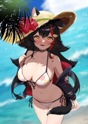 1girl animal_ear_fluff animal_ears bare_shoulders beach bikini black_choker black_hair black_jacket blue_sky blush breasts choker cleavage cloud collarbone day ears_through_headwear flipped_hair front-tie_bikini_top front-tie_top hair_between_eyes hair_ornament hairclip hat highres hololive jacket kani_bonara large_breasts leaf_print long_hair looking_at_viewer maple_leaf_print multicolored_hair navel official_alternate_costume ookami_mio ookami_mio_(hololive_summer_2019) open_mouth outdoors print_bikini red_hair side-tie_bikini_bottom skindentation sky smile solo spiked_hair straw_hat streaked_hair swimsuit tail tail_around_own_leg tail_wrap two-sided_fabric two-sided_jacket virtual_youtuber white_bikini wolf_ears wolf_girl wolf_tail yellow_eyes