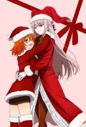 Rule 34 | 2girls, blush, braid, brown pantyhose, christmas, closed mouth, commentary request, crossed bangs, fate/grand order, fate (series), florence nightingale (fate), florence nightingale (santa) (fate), fujimaru ritsuka (female), fur-trimmed headwear, fur-trimmed jacket, fur-trimmed sleeves, fur trim, gloves, grey hair, hair between eyes, hair ribbon, hat, highres, hug, jacket, long hair, long sleeves, multiple girls, official alternate costume, oiun, open mouth, orange hair, pantyhose, pocket, red eyes, red headwear, red jacket, red ribbon, ribbon, santa costume, santa hat, short hair, smile, teeth, upper teeth only, white gloves, yuri