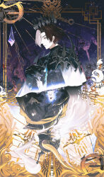 Rule 34 | 2boys, absurdres, amaurot, armor, black armor, black hair, blue eyes, building, card (medium), claws, crystal, curtained hair, elidibus, emet-selch, final fantasy, final fantasy xiv, forehead, garlean, gold border, halo, hashtag-only commentary, highres, long hair, male focus, multicolored hair, multiple boys, noki 0x3, pale skin, parted bangs, profile, rotational symmetry, short hair, shoulder armor, skyscraper, sophist&#039;s robe (ff14), spiked armor, spiked helmet, split-color hair, third eye, two-tone hair, upper body, very long hair, warrior of light (ff1), white hair, yellow eyes