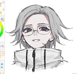 1boy aotsuki_eito art_program_in_frame commentary_request cropped_shoulders drawstring glasses grey_hair highres jacket male_focus odjisanhonpo purple_eyes short_hair simple_background smile solo the_hundred_line_-last_defense_academy- white_background white_jacket wings zipper
