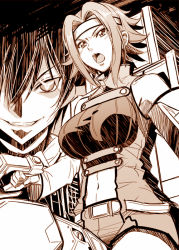 1boy 1girl bare_shoulders breasts code_geass detached_sleeves evil_grin evil_smile geass grin kouzuki_kallen lelouch_vi_britannia monochrome navel open_mouth sena_monaco short_hair smile