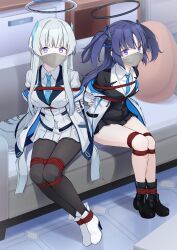 Rule 34 | 2girls, absurdres, ankle boots, arms behind back, bdsm, black pantyhose, black shoes, black skirt, black socks, black suit, blue archive, blue eyes, blue hair, blue necktie, blush, bondage, boots, bound, bound ankles, bound arms, bound legs, bound thighs, bound torso, bound wrists, breast bondage, breasts, cloth gag, couch, formal clothes, furrowed brow, gag, gagged, halo, high heel boots, high heels, highres, improvised gag, jacket, jacket partially removed, long hair, looking at viewer, mechanical halo, medium breasts, miniskirt, multiple girls, necktie, noa (blue archive), on couch, over the nose gag, pantyhose, purple eyes, red rope, restrained, rope, shibari, shibari over clothes, shirt, shoes, sitting, skirt, small breasts, socks, suit, two side up, vakaosciosa, very long hair, white hair, white halo, white jacket, white shirt, white skirt, white suit, yuuka (blue archive)