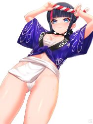 Rule 34 | 1girl, absurdres, black hair, blue eyes, blue kimono, blunt bangs, blush, braid, breasts, choker, cleavage, closed mouth, collarbone, fate/grand order, fate (series), fundoshi, gluteal fold, guriguri (arayotto4351), hachimaki, headband, highres, japanese clothes, kimono, large breasts, looking at viewer, low twin braids, medium breasts, multicolored hair, nejiri hachimaki, pink hair, shirt, short kimono, short sleeves, sidelocks, smile, solo, streaked hair, sweat, thighs, tied shirt, twin braids, utsumi erice, utsumi erice (fgo fes. 2023)