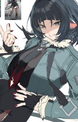 Rule 34 | 1girl, animal ears, black gloves, black hair, black shorts, blunt bangs, breasts, commentary, fingerless gloves, fur-trimmed jacket, fur trim, gloves, grin, hair between eyes, hand on own hip, jacket, jane doe (zenless zone zero), long sleeves, looking at viewer, mayutsuba mono, mouse ears, mouse girl, mouse tail, nail polish, red nails, reference inset, shorts, simple background, smile, solo, symbol-only commentary, tail, white background, zenless zone zero