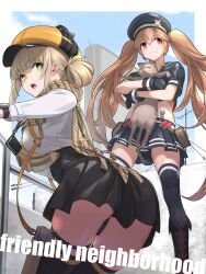 Rule 34 | 2girls, animal, ass, black gloves, black hat, black shirt, black skirt, black thighhighs, blonde hair, blue sky, brown hair, building, cat, english text, fune (fune83ojj), gloves, goddess of victory: nikke, green eyes, hat, highres, holding, holding animal, holding cat, long hair, looking back, looking to the side, military hat, miniskirt, miranda (nikke), multiple girls, novel (nikke), shirt, skirt, sky, skyscraper, thighhighs, thighs, twintails, very long hair, watch, white shirt, wristwatch