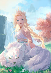 1boy 1girl absurdres ajpp6 armlet blonde_hair blue_sky bracelet braid breasts cliff commentary_request day dragon_quest dragon_quest_x dress floating_hair flower gem goddess_zenesia gold_armlet gold_bracelet gold_tiara grass hand_on_animal highres jewelry leaf long_hair looking_at_viewer medium_breasts on_grass outdoors parted_bangs pink_flower raki_(dq10) red_gemstone sideboob silhouette single_braid sitting sky tiara tree whiskers white_dress white_fur wolf