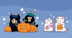 Rule 34 | blood, blue background, halloween, halloween bucket, hat, highres, holding, holding syringe, horns, hoshikui, jack-o&#039;-lantern, jiangshi costume, no humans, nurse cap, original, oversized object, pumpkin, shoutarou (shoutarotttt), star (symbol), syringe, virtual youtuber