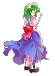 1girl alphes_(style) android apron back back_bow black_shoes blue_dress blush bow commentary_request dairi defeat dress frilled_sleeves frills full_body green_hair holding large_variant_set maid maid_apron maid_headdress mary_janes mop parody parted_bangs puffy_short_sleeves puffy_sleeves red_bow ruukoto shoes short_hair short_sleeves socks solo style_parody tachi-e torn_clothes touhou touhou_(pc-98) transparent_background variant_set waist_apron white_apron white_socks