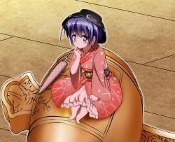 1girl bad_feet blush bowl bowl_hat female_focus finger_to_mouth hammer hat honda_takaharu japanese_clothes kimono long_sleeves looking_at_viewer needle obi purple_eyes purple_hair sash sitting sitting_on_object solo sukuna_shinmyoumaru touhou wide_sleeves