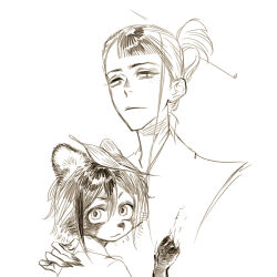 Rule 34 | 2girls, animal ears, asakusa midori, asymmetrical bangs, commentary, eizouken ni wa te wo dasu na!, english commentary, freckles, goblet 42, greyscale, hair between eyes, highres, kanamori sayaka, leaf, leaf on head, monochrome, multiple girls, raccoon ears, raccoon girl, short hair, simple background, sketch, white background