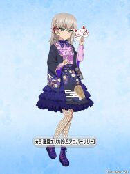 1girl blue_background blue_dress blue_eyes blush boots bow bowtie braid character_name checkered_footwear dress egasumi expressionless fishnet_pantyhose fishnets floral_print flower fox_mask frilled_dress frills full_body girls_und_panzer girls_und_panzer_senshadou_daisakusen! gradient_background grey_hair hair_flower hair_ornament holding holding_mask itsumi_erika kimono_dress long_sleeves looking_at_viewer mask medium_hair nail_polish official_art pantyhose pink_shirt purple_bow purple_bowtie red_nails shippou_(pattern) shirt standing translated wide_sleeves