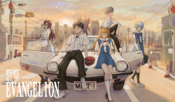 2boys 3girls :&lt; absurdres adjusting_eyewear artist_name ayanami_rei bird black_footwear black_hairband black_legwear black_necktie black_panties blue_dress blue_eyes blue_hair breasts brown_eyes brown_hair building car chinese_commentary city cloud cloudy_sky commentary_request controller copyright_name dress dusk eva_01 expressionless fire_hydrant game_controller glasses hairband handheld_game_console hat highres holding holding_controller holding_game_controller ikari_shinji interface_headset_(evangelion) lamppost linway loafers long_hair looking_down makinami_mari_illustrious mary_janes mazda mazda_cosmo mecha medium_breasts motor_vehicle motorcycle multiple_boys multiple_girls nagisa_kaworu neck_ribbon necktie neon_genesis_evangelion on_car on_vehicle open_door open_window orange_hair panties pantyhose parted_lips pinafore_dress plaid_clothes plaid_skirt playing_games power_lines rebuild_of_evangelion red-framed_eyewear red_eyes red_hair red_headwear red_ribbon ribbon road road_sign robot school_uniform scooter shirt shoes short_hair sign silver_hair sitting skirt sky skyscraper sleeveless sleeveless_dress souryuu_asuka_langley standing street traffic_cone traffic_light train twintails underwear unworn_hat unworn_headwear utility_pole vespa white_footwear white_shirt window