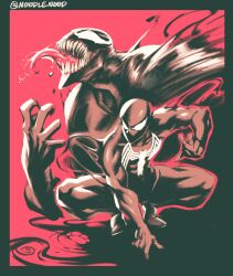 2boys absurdres black_suit bodysuit corruption formal_clothes highres living_clothes long_tongue male_focus marvel monster_boy multiple_boys noodlenood sharp_teeth spider-man spider-man_(2018_game) spider-man_(series) squatting suit superhero_costume symbiote teeth tongue venom_(marvel) white_eyes