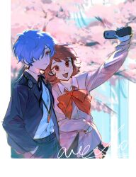 1boy 1girl arm_up black_jacket black_pants black_ribbon black_skirt blue_eyes blue_hair blurry blurry_background blush border bow bowtie brown_eyes brown_hair cardigan cellphone cherry_blossoms closed_mouth collared_shirt cowboy_shot digital_media_player earphones_removed flip_phone flipped_hair gekkoukan_high_school_uniform hair_over_one_eye hand_in_pocket hashtag-only_commentary height_difference highres holding holding_phone jacket leaning_on_person long_sleeves looking_at_phone loose_bowtie neck_ribbon open_clothes open_jacket open_mouth outdoors outside_border pants persona persona_3 phone pink_cardigan pleated_skirt red_bow red_bowtie ribbon rrrrrrrrrrrou1 school_uniform selfie shirt short_hair skirt sleeves_past_wrists takeba_yukari white_border white_shirt yuuki_makoto_(persona_3)