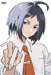 Rule 34 | 1boy, ahoge, black hair, blue eyes, breast pocket, chalk, cheren (pokemon), closed mouth, collared shirt, hand up, holding, holding chalk, kana (kanna runa0620), looking to the side, male focus, necktie, nintendo, pocket, pokemon, pokemon bw2, red necktie, shirt, short hair, smile, solo, tie clip, upper body, white background, white shirt