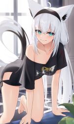 1girl absurdres ahoge all_fours animal_ear_fluff animal_ears aqua_eyes barefoot black_hairband black_shirt closed_mouth commentary_request crossed_bangs feet fox_ears fox_girl fox_tail hair_between_eyes hairband highres hip_vent hololive indoors long_hair looking_at_viewer loungewear low_twintails no_pants official_alternate_costume print_shirt shirakami_fubuki shirakami_fubuki_(loungewear) shirt side-tie_shirt single_bare_shoulder single_off_shoulder smile solo t-shirt tail thomas_8000 twintails v-neck very_long_hair virtual_youtuber white_hair