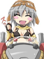 1girl bikini black_bikini black_gloves blush_stickers breasts closed_eyes commentary_request detonator elbow_gloves fingerless_gloves gloves goggles goggles_on_head grey_hair holding_detonator mecha mechanic_(ragnarok_online) medium_breasts open_mouth ragnarok_online robot short_hair simple_background smile solo swimsuit upper_body white_background yoshihiro-m