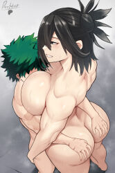 1boy 1girl artist_name ass black_eyes black_hair boku_no_hero_academia breasts completely_nude devilukez grabbing_another&#039;s_ass green_hair grin groping highres large_breasts mature_female midoriya_izuku muscular muscular_female nude shimura_nana smile standing sweat