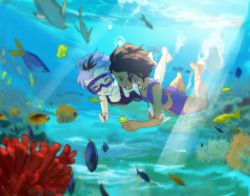 2girls amity_blight bikini brown_hair coral couple eyebrow_cut fish goggles kuma20151225 luz_noceda multiple_girls purple_hair short_hair sunlight swimming swimsuit the_owl_house twitter_username underwater yuri