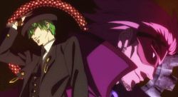 2boys animated animated_gif arc_system_works blazblue blazblue:_alter_memory fedora hat hazama lowres mask multiple_boys relius_clover