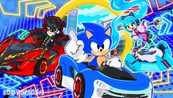 1girl 2boys amamiya_ren artist_name blue_fur commentary crossover eddysmash2407 english_commentary furry furry_male gloves hatsune_miku hedgehog_boy highres joker_(persona_5) long_hair looking_at_viewer multiple_boys persona persona_5 sonic_(series) sonic_racing:_crossworlds sonic_the_hedgehog tagme very_long_hair vocaloid watermark white_gloves