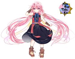 artist_request brown_socks calligraphy check_artist hair_ornament logo long_hair nambinhthankhi pink_hair purple_eyes quan_dao_che shoes smile socks twintails vietnamese_clothes vietnamese_commentary vietnamese_text white_background