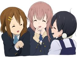 10s 3girls black_hair bow brown_hair company_connection creator_connection crossover closed_eyes hair_ornament hairpin highres hirasawa_yui k-on! kicchi_(tmgk) kitashirakawa_tamako koe_no_katachi kyoto_animation long_hair low_twintails multiple_crossover multiple_girls nishimiya_shouko paw_pose school_uniform short_hair simple_background smile tamako_market trait_connection twintails white_background