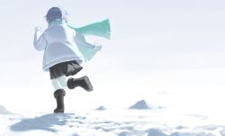 1girl 4meart0112 absurdres belle_(zenless_zone_zero) black_boots black_skirt blue_hair boots commentary from_behind fur-trimmed_boots fur_trim gloves green_gloves green_scarf highres jacket long_sleeves pantyhose pleated_skirt running scarf short_hair skirt snow solo white_jacket white_pantyhose winter winter_clothes zenless_zone_zero