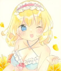 Rule 34 | 1girl, ;d, alice margatroid, alternate costume, bikini, blonde hair, blue bikini, blue eyes, breasts, cleavage, collarbone, commentary, criss-cross halter, flower, frilled bikini, frilled hairband, frills, hairband, halterneck, hibiscus, highres, kagome f, looking at viewer, medium breasts, one eye closed, open mouth, painting (medium), red hairband, short hair, smile, solo, swimsuit, touhou, traditional media, upper body, watercolor (medium), yellow flower