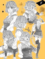 Rule 34 | 1girl, bow, dark-skinned female, dark skin, elf, holding, holding weapon, mabinogi, monochrome, muiriol, multiple expressions, pointy ears, rian (bdl), simple background, weapon