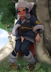 1girl absurdres akari_(pokemon) between_legs blue_hair blush breath female_focus galaxy_expedition_team_survey_corps_uniform hand_between_legs have_to_pee headscarf highres knees_together_feet_apart long_hair mizuumi_(expanse_lake) nintendo open_mouth outdoors pee peeing peeing_self pokemon pokemon_legends:_arceus solo standing tree