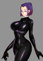 1girl animification bodysuit breasts dc_comics female_focus grey_background highres large_breasts latex latex_suit looking_at_viewer purple_eyes purple_hair raven_(dc) short_hair simple_background skin_tight solo teen_titans wide_hips zxc