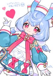 1girl blue_hair bow closed_mouth dot_nose genshin_impact gloves heart index_finger_raised long_hair long_sleeves looking_at_viewer low_twintails odetooo pink_bow puffy_sleeves red_eyes sigewinne_(genshin_impact) solo translated twintails white_background white_gloves