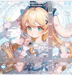 Rule 34 | 1girl, absurdres, aqua eyes, blonde hair, blue dress, blue ribbon, collarbone, dress, english text, hair ornament, hair ribbon, heart, highres, long hair, looking at viewer, original, parted lips, ribbon, solo, upper body, watermark, weibo username, weibo watermark, white wrist cuffs, wrist cuffs, x hair ornament, youzha xian quanquan