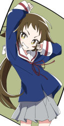 Rule 34 | 1girl, arm up, brown hair, clenched teeth, grey skirt, ixy, long hair, long sleeves, looking at viewer, mikakunin de shinkoukei, mitsumine mashiro, ponytail, school uniform, skirt, smile, solo, teeth, thighs, yellow eyes