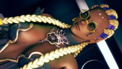 1girl bodypaint braid braided_ponytail breasts cleavage collar curvy dark-skinned_female dark_skin dolores_(kof) dress female_focus glasses gold green_eyes highres jewelry large_breasts long_hair looking_at_viewer mcm82 multicolored_hair necklace purple_hair round_eyewear the_king_of_fighters thick_lips two-tone_hair white_hair