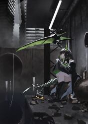 1girl absurdres animal_ears arknights bare_shoulders black_boots black_hair black_jacket black_tail boots cityscape colored_inner_hair dress elbow_rest fake_animal_ears fishing fishing_line floating floating_object green_dress green_eyes green_hair hand_up hashtag-only_commentary highres industrial_pipe jacket knee_boots long_sidelocks looking_ahead medium_hair mon3tr_(arknights) multicolored_hair off_shoulder originium_slug_(arknights) parted_lips profile ruins shikyou_yoru sidelocks sitting sleeves_past_fingers sleeves_past_wrists solo tin_(container) two-tone_hair