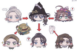 ! ... 1boy 4girls :/ :o ? aged_down ahoge arrow_(symbol) arthur_fog black_hair black_hat blue_bow blue_eyes blush bow bowtie braces brimley_(reverse:1999) brown_coat brown_eyes brown_hair brown_hat caroline_bartley character_chart chibi closed_mouth coat cropped_head facing_viewer fedora flutterpage green_bow green_bowtie green_eyes grey_hair hair_bow hair_bun hair_ornament hat highres hobby_horse kim_8thhh leaf_hair_ornament long_hair looking_at_viewer looking_to_the_side mole mole_under_eye multiple_girls multiple_hair_bows purple_bow relationship_graph reverse:1999 short_hair smile speech_bubble spoken_ellipsis spoken_exclamation_mark spoken_question_mark sweatdrop teeth tooth tooth_fairy_(reverse:1999) toy_horse twitter_username unworn_coat unworn_hat unworn_headwear willow_(reverse:1999) witch_hat