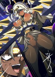 1boy 1girl abiko_zyozi armpits blush bottomless breasts byser_shock commentary_request commission dilated_pupils highres imminent_penetration ishizu_ishtar large_breasts nipples pussy restrained tears torn_clothes veil yami_marik yu-gi-oh! yu-gi-oh!_duel_monsters