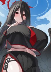 1girl absurdres black_choker black_hair black_serafuku black_skirt black_wings blue_archive breasts choker commentary_request feathered_wings hair_between_eyes halo hands_on_own_chest hasumi_(blue_archive) highres huge_breasts lace-trimmed_garter_belt lace_trim long_hair long_hair_between_eyes long_sleeves looking_at_viewer low_wings navel necktie outdoors panty_straps pleated_skirt red_eyes red_halo red_necktie satoyama_meu school_uniform serafuku shirt_overhang side_slit skirt solo underboob very_long_hair wings